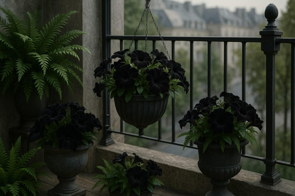 Why Black Velvet Petunia Plants Are a Must-Have for Every Gothic Garden Lover 3 Black velvet petunia plants in gothic planters in a balcony