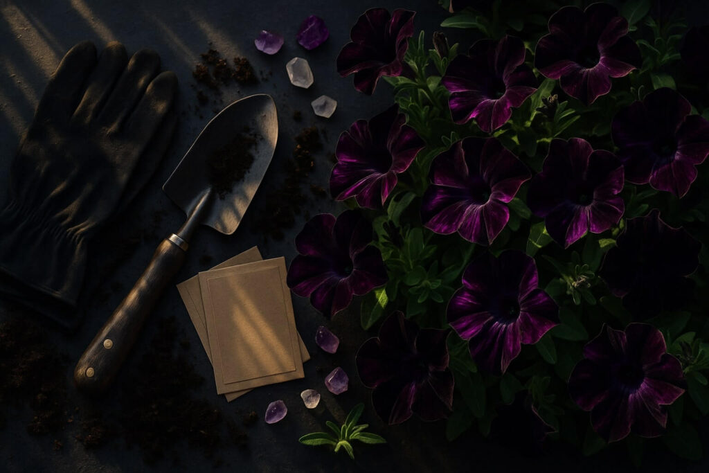 Why Black Velvet Petunia Plants Are a Must-Have for Every Gothic Garden Lover 5 black velvet petunia plants next to a shovel and gloves