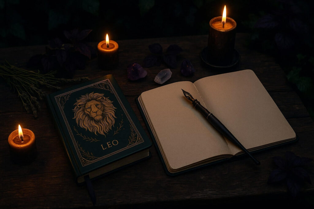 Leo Season Weekly Astrology Forecast (August 4-10, 2025) 3 Cozy witchy journaling setup with candles, a Leo-themed notebook, and a vintage pen, inviting reflection during the August 4–10 astrology forecast.