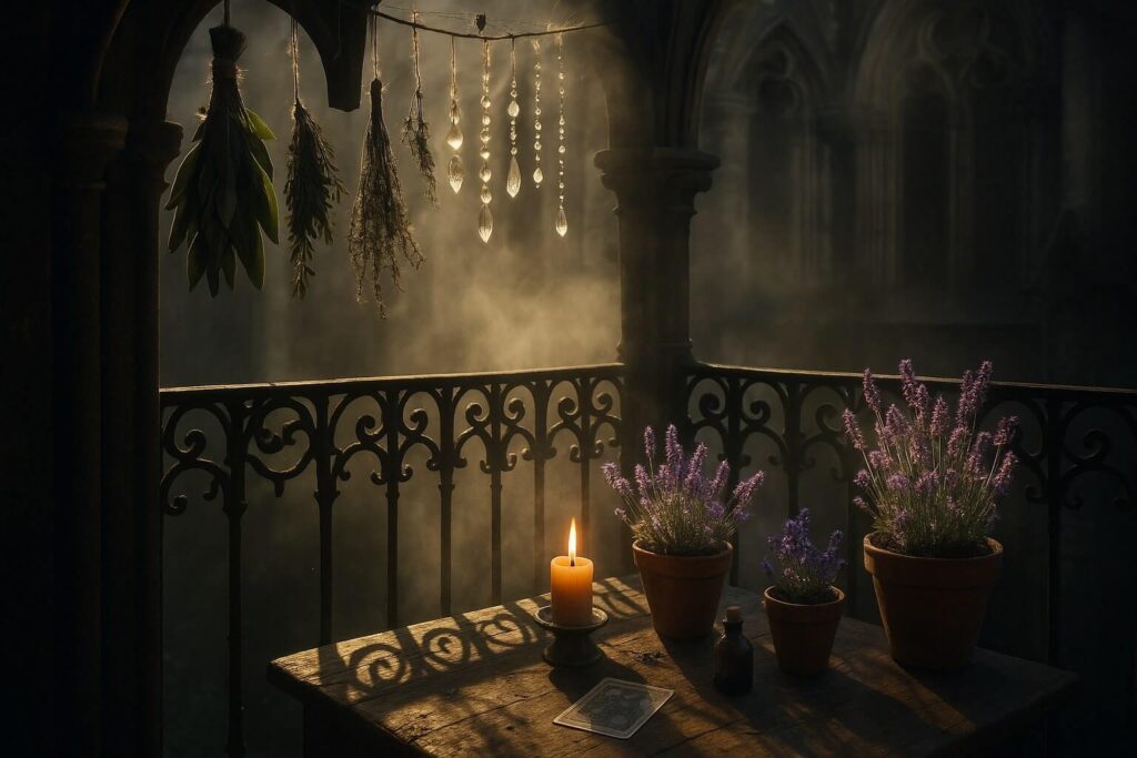 The Ultimate Guide to Witchy Garden Plants and DIY Decor 11 gothic balcony with hanging herbs