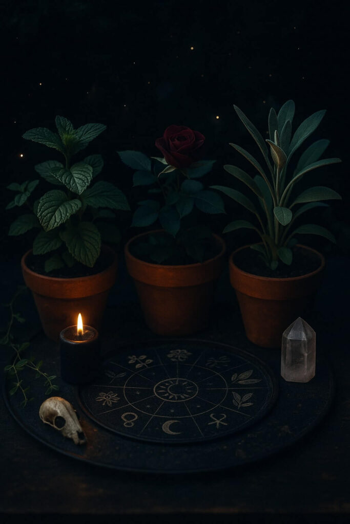Weekly Astrology Forecast July 28 - August 3, 2025 | First Quarter Moon Rituals by Zodiac Sign 4 Terracotta pots with mint, rose, and sage glowing in candlelight at dusk, styled for weekly astrology forecast July 28-August 3 ritual support.