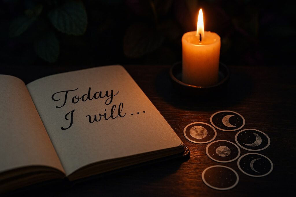 Weekly Astrology Forecast July 28 - August 3, 2025 | First Quarter Moon Rituals by Zodiac Sign 5 An open journal on a mystical desk with a lit candle and moon-themed stickers, styled for weekly astrology forecast July 28-August 3