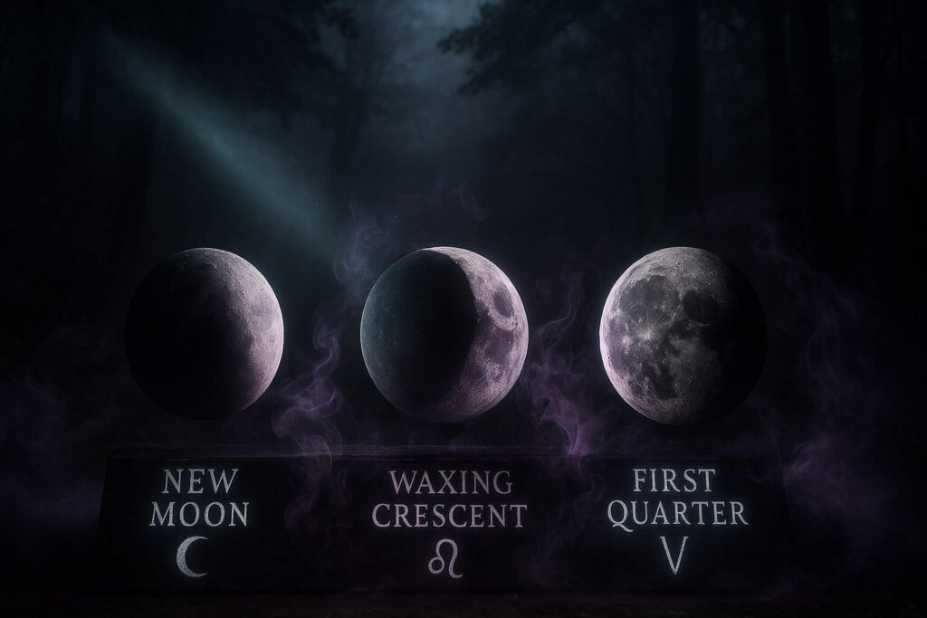Weekly Astrology Forecast July 28 - August 3, 2025 | First Quarter Moon Rituals by Zodiac Sign 2 Moon phases from New Moon to First Quarter with zodiac signs underneath, in a witchy mystical style. Part of the weekly astrology forecast July 28-August 3.